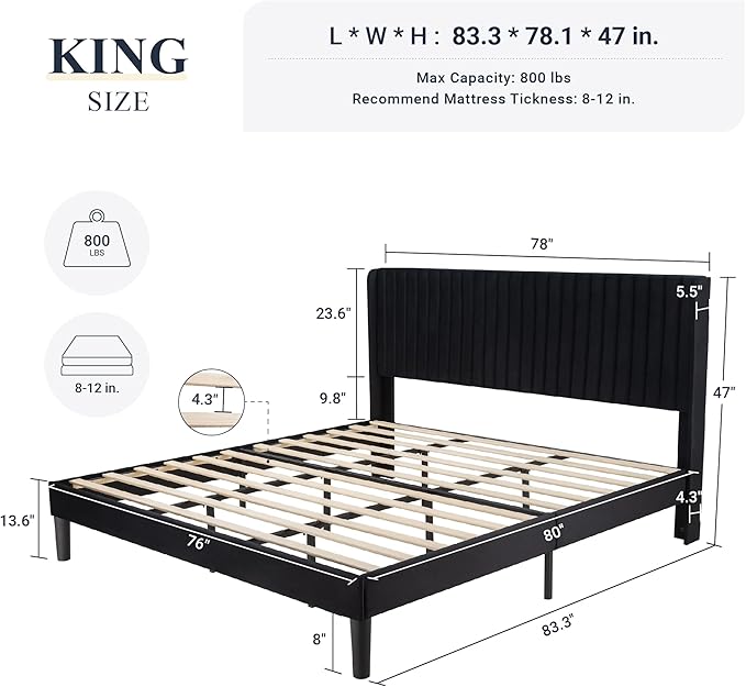 Allewie King Size Velvet Bed Frame/Vertical Channel Tufted Wingback Headboard/Upholstered Platform Bed/Strong Wooden Slats/No Box Spring Needed/Easy Assembly/Black