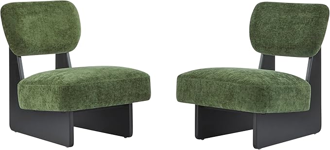 Christopher Knight Home Mores Low Profile Accent Chair Set of 2, Modern Living Room Armless Lounge Chair, Fabric Comfy Reading Chair for Bedroom, Wooden Frame and Thick Padded Seat, Black+Green
