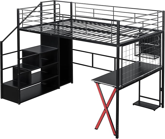 Merax Full Size Metal Loft Bed with Built-in Work Station, Wardrobe, Storage Staircase and LED, Gaming Bed for Kids Teens Adults, Full-Length Guardrails, No Box Spring Needed, Black