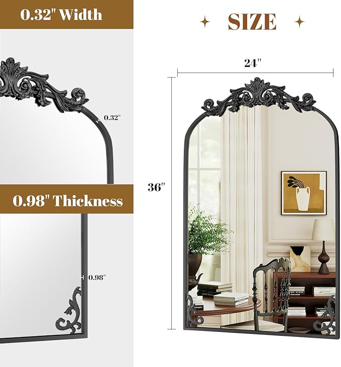24x36 inch Vintage Arched Bathroom Mirror - Gorgeous Wall Vanity Mirror with Beautiful Retro Top and Bottom Engraving Process Frame for Entryway Hallway Living Room, Black