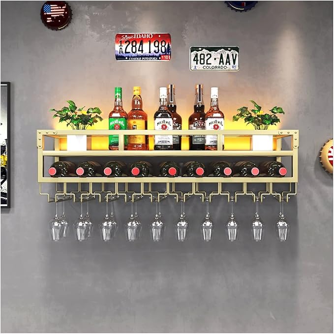 Pengfei LED Wine Rack Wall Mounted, Industrial Metal Wall Wine Shelf & Glass Holder, Large Floating Shelves Wine Bottle Storage Display Rack for Home Bar Dining Room Decor,Gold