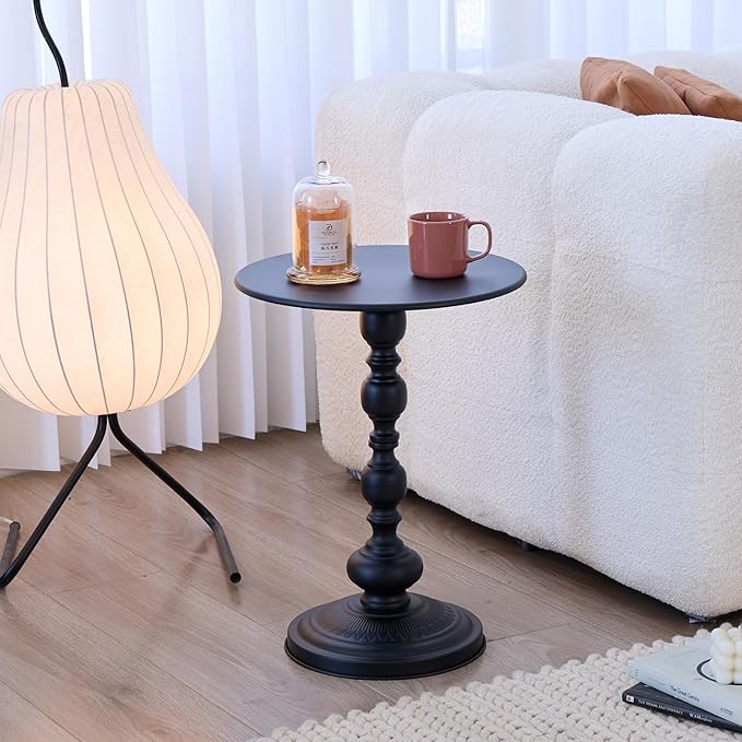 Chic Vintage Round Side Table with Elegant Roman Columns - Sturdy Metal Construction, Perfect for Coffee, End, Tea, or Leisure Use in Living Room or Bedroom Decor (Black and White 1 Pack)