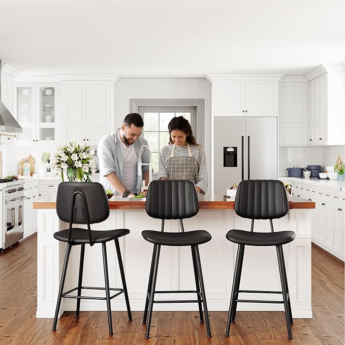 24-Inch Leather Bar Stools Set of 2, Counter Height Barstools with High Backrest，Bar Chairs for Kitchen Island with Heavy Duty Metal Legs, Black