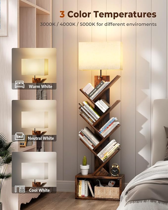 6 Tier Tree Bookshelf with Light, Narrow Bookcase Tower, Tall Floor Standing Book Organizer with Storage Cabinet for Living Room, Bedroom and Home Office, Rustic Brown