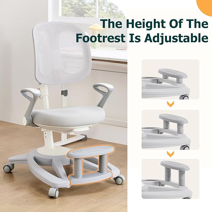 Ergonomic Kids Desk Chair with Footrest & Height-Adjustable Seat, Multifunctional for Study, Work & Dining – Comfy Cushion & Smooth Wheels for Boys & Girls (Grey)