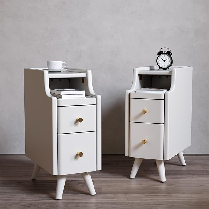 Narrow Nightstand with Drawers, Wood Bedside Table, Small White Nightstand Set of 2