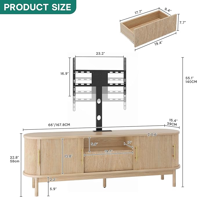 YITAHOME Fluted TV Stands for Living Room with Mount, Modern LED Entertainment Center for 75 Inch TVs, Curved TV Stand with Power Outlets & LED Light, Curved Profile Design, Natural Oak