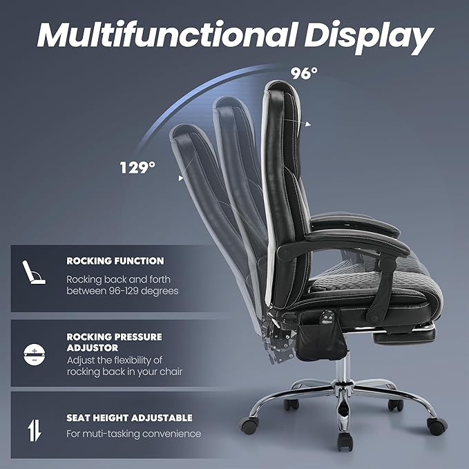 Massage Office Chair with Heat and Footrest –Reclining Desk Chair, Big and Tall Leather Computer Chair with Wheels, PU Executive Office Chair for Home, Gaming, Study, 300 lbs,Black