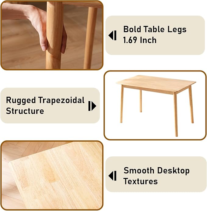 BAKEVE Dining Table for 4-6 Person- 47.2'' Solid Wood Kitchen Table, Mid Century Modern Desk, Farmhouse Rectangular Dining Room Table for Living Room, Office, Kitchen and Study (Natural)