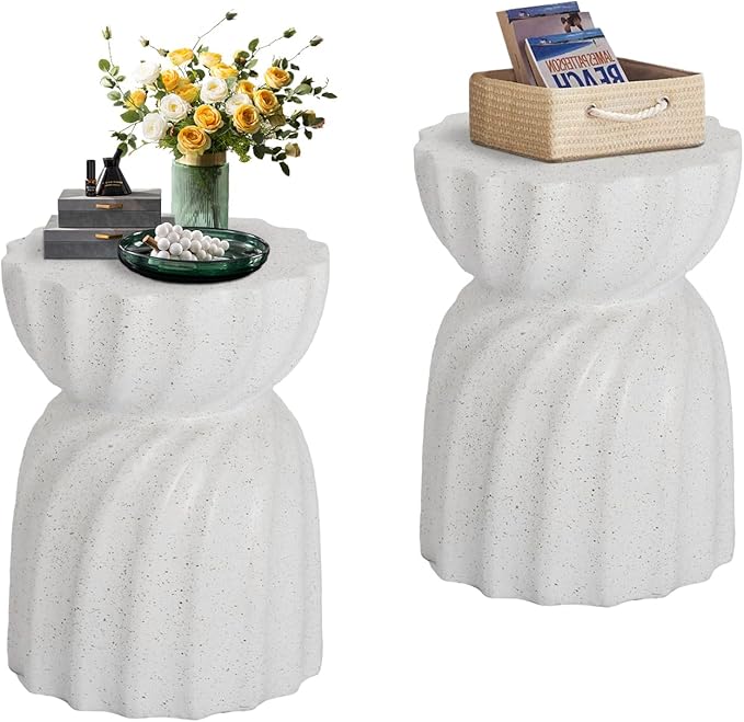 COSIEST Set of 2 Outdoor Side Table, 19" Concrete Contemporary Lightweight Side Table,Patio End Accent Table, Modern Stool Table for Livingroom,Garden,Patio,Spotted White