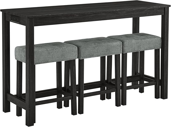 Ball & Cast 4 Piece Kitchen Dining Room Table and Chairs Set, Farmhouse Wooden Counter Height Bar-Sets w/USB Ports & Power Outlet & 3pcs Stools, 59" Sofa-Table Barstool w/Charging Station, Black