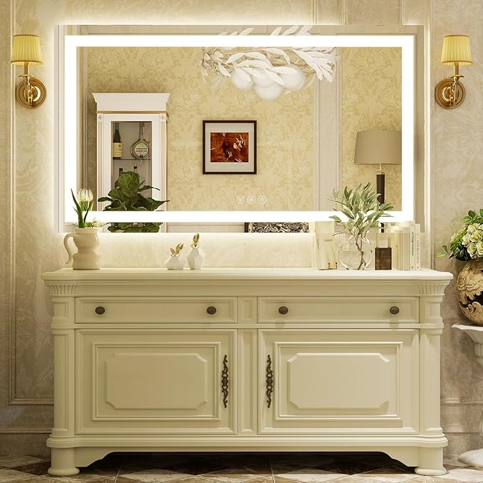 48'' x 32'' LED Bathroom Mirror with Lights, Wall Mirror with Front and Backlight, 3 Colors Vanity Mirror with Lights, Anti-Fog Wall Mirror for Bathroom