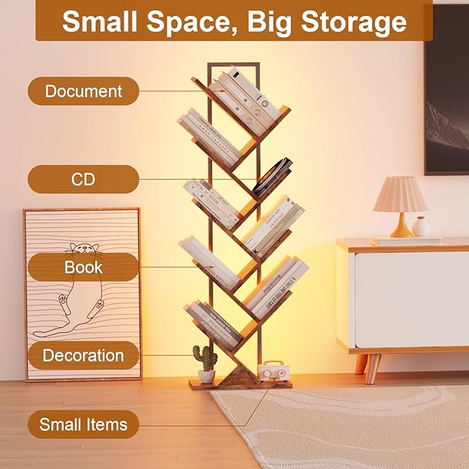 Tree Book Shelf with LED Lights, 9 Tier Floor Standing Bookcase, Classical Corner Shelf Kids Bookshelf, Tall Wood Book Storage for Bedroom, Living Room, Home Office, Brown