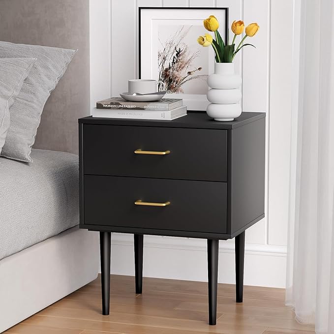 Smart FENDE 26 inch Tall Black Nightstand with 2 Drawers, ModernNight Stand Set of 2, Mid-Century Modern End Table, Wooden Bedside Table with Solid Wood Leg for Bedroom