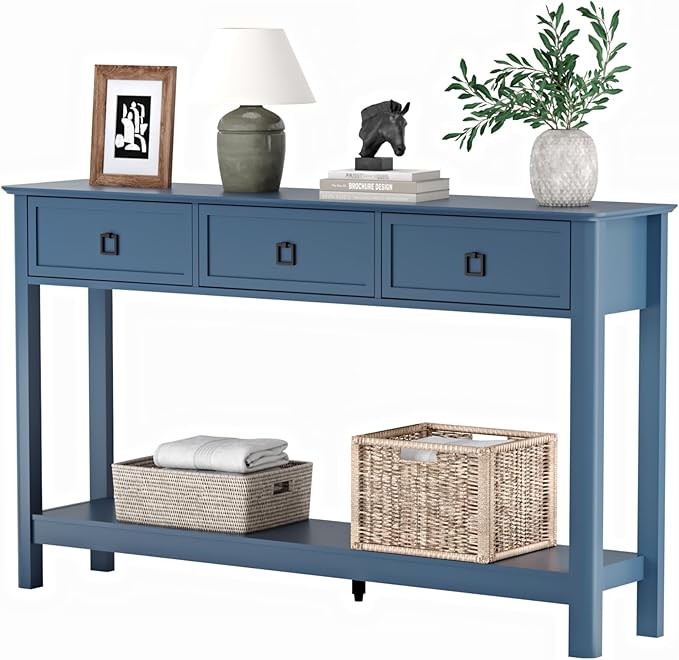 Treocho 53.1" Console Table with 3 Drawers, Modern Entryway Table, 2-Tier Narrow Long Sofa Table Behind Couch Table for Living Room, Hallway, Blue