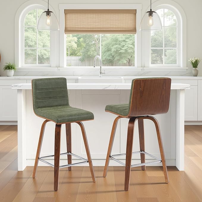 Vienna Modern Counter Height Swivel Bar Stool with Vintage Green Upholstered Seat and Walnut Finished Wood Frame Set of 4