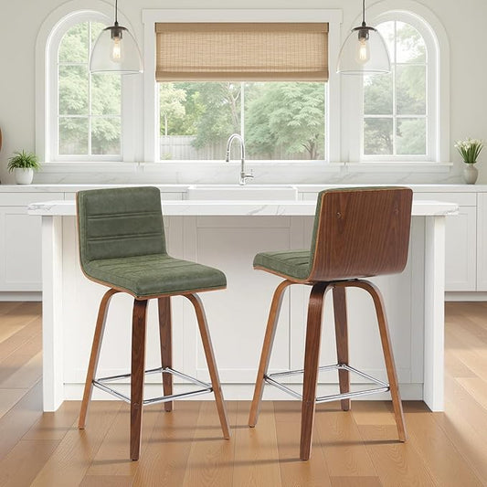 Vienna Modern Counter Height Swivel Bar Stool with Vintage Green Upholstered Seat and Walnut Finished Wood Frame Set of 4