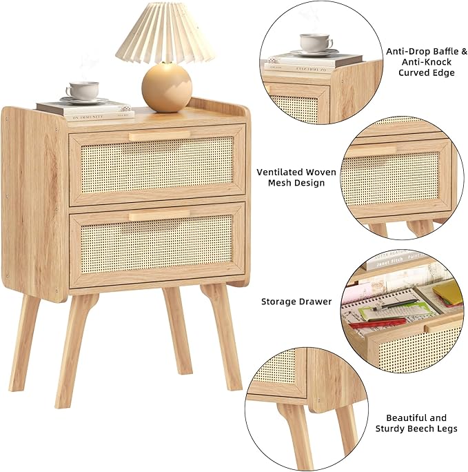 Lerliuo Rattan Nightstands Set of 2, Boho Night Stand with 2 Drawers, Cane Accent Side End Table, Bedside Table with Solid Wood Legs for Bedroom, Dorm and Small Spaces (Natural)