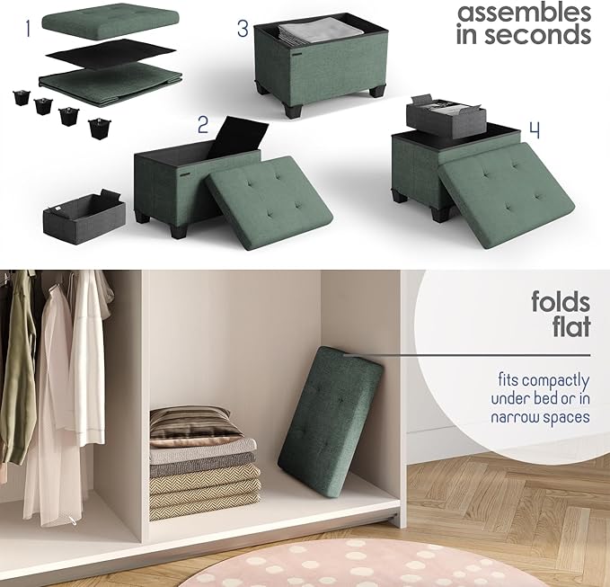 STORAGEBUD Storage Ottoman Cube with Small Bin, 16-in Square Ottoman with Storage for Living Room and Bedroom, Small Ottomans Foot Rest, Fabric Foot Stools Ottomans Max 330lbs, Green