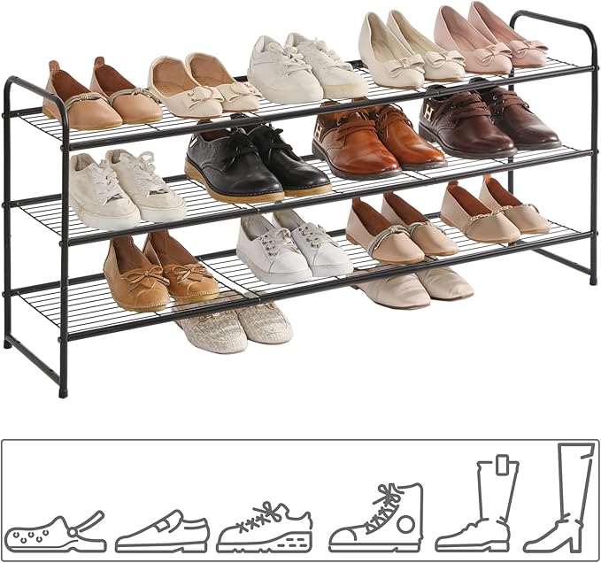 YMYNY Freestanding Shoe Racks, 3 Tiers Stackable & Adjustable Shoe Storage Shelf, Extra Large Capacity Shoe Organizer Stand for 20-24 Pairs, for Entryway, Closet, Bedroom, Black, 42.9" L, UHXJ302B