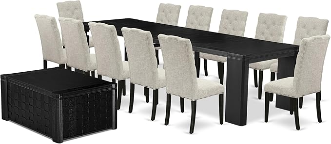 X12EL-0C6-35 - 14-piece Dining Room Table Set a Rectangular Dining Table with a coffee Table and 12 Doeskin Linen Fabric Kitchen Chair, 39x120 Inch, Wire Brushed Black