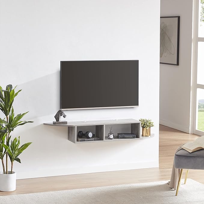 Floating TV Stand, Wall Mounted Entertainment Center and Cabinet Shelf, TV Console with Storage, Media Console for DVD Player, Space-Saving Under TV Shelf for Bedroom, Living Room (Grey)