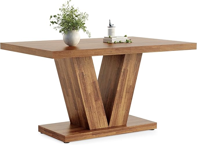 LITTLE TREE 47 Inches Dining Table for 4, Modern Dining Room Tables, Brown Rectangle Kitchen Table with V-Shaped Pedestal, Wooden Dinner Table for Dining Room, Living Room
