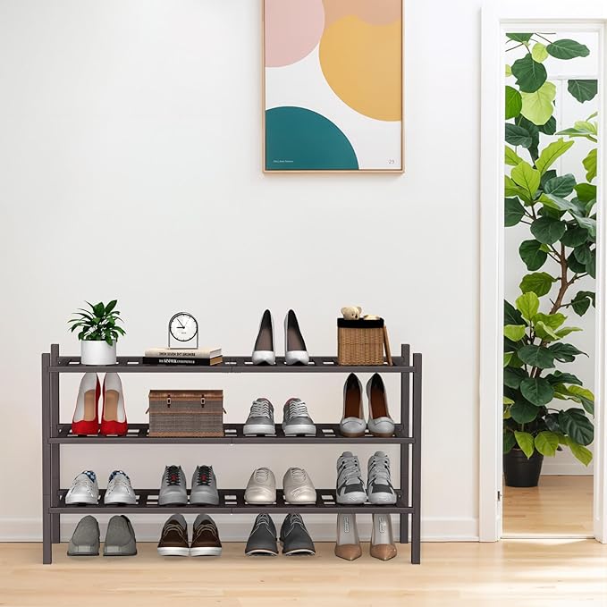 Haddockway Long 3 Tier Bamboo Shoe Rack Storage Organizer, Multifunctional Free Standing Stackable Shoe Shelf with Grid Panel for Closet,Hallway,Entryway,Small Space 34.2"x11"x20"(Brown, 3-Tier(Long))