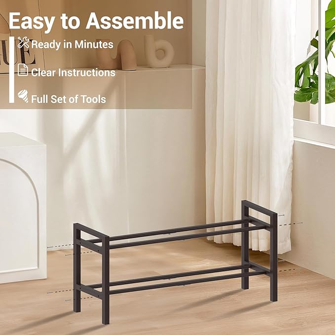 Haddockway Bamboo Shoe Rack for Closet, Free Standing Shoe Organizer with Smooth Round Rods & Convenient Handles, Stackable Shoe Storage Shelf for Entryway, Hallway(Brown, 2-Tier)