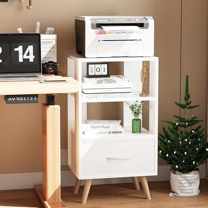 Night Stand, White Kids Nightstand with Drawer, Nursery Side Table with Open Storage, 3-Tier Modern End Table, Bedside Table for Small Space, Living Room, Bedroom