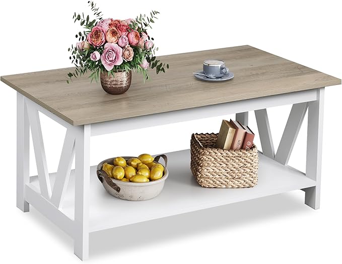 WLIVE Coffee Table with Storage Shelf, 39.4" Farmhouse Coffee Table with V-Frame Support, 2-Tier Wood Rustic Center Table for Living Room, Bedroom & Balcony, Greige & White