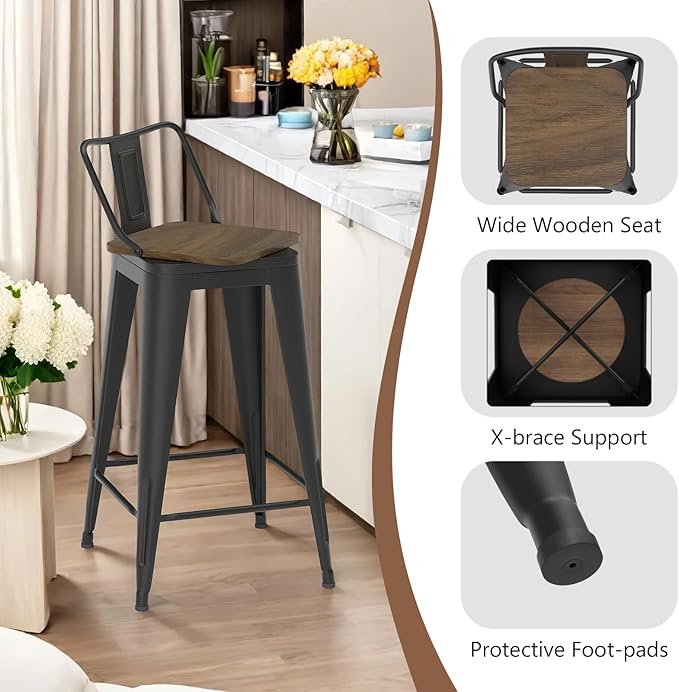 24 Inch Swivel Bar Stools Set of 4, Counter Height Bar Stools with Low Back, Metal Industrial Bar Chairs for Kitchen Island (Matte Black)
