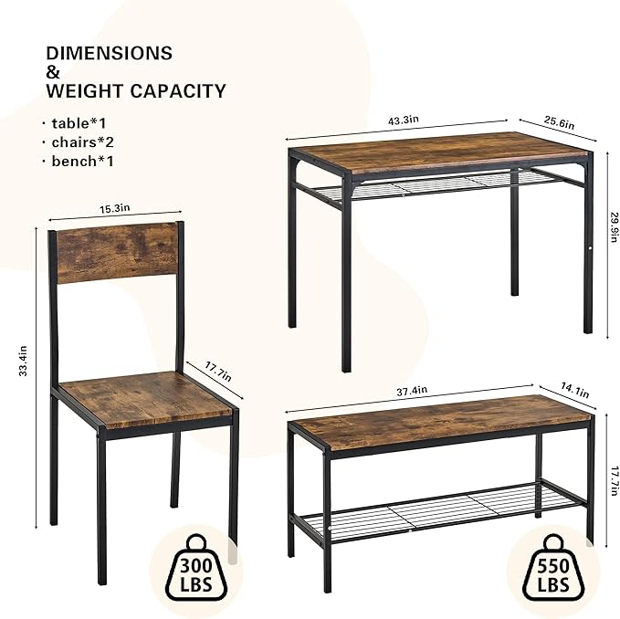 VECELO Kitchen Dining Room Table with 2 Chairs & Bench, Compact Space-Saving Design, Easy Assembly Steel Frame, Perfect for Small Apartments & Breakfast Nooks，Industrial
