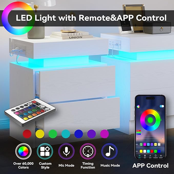 LIKIMIO Night Stand with Charging Station, Modern White Nightstand with LED Light and Drawers, Bedside Tables/End Table for Bedroom