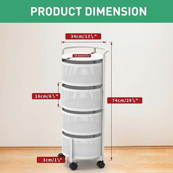 JAQ Rotating Storage Shelves Rack for Kitchen, 4-Tier Multi Layer Removable Basket Shelf Organizer on Rolling Wheels for Fruit Vegetable Grocery Corns Potato Onion (4-Tier, White)