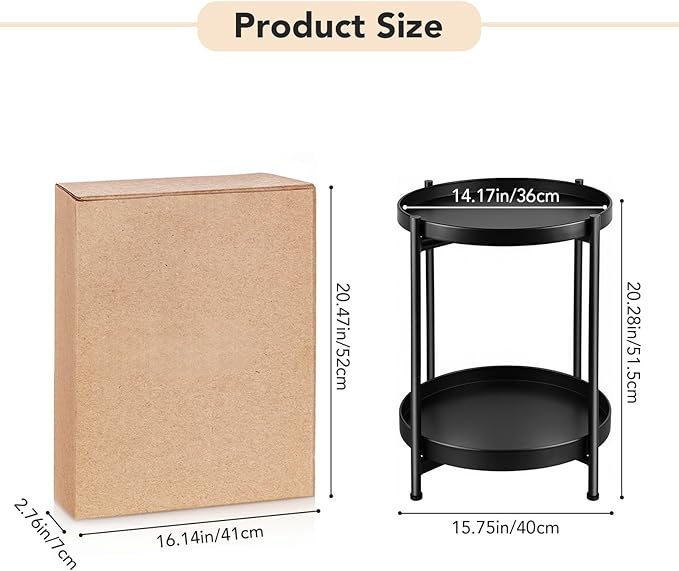 Small Side Table Round for Small Spaces Indoor Outdoor, Mini End Table Metal, 2 Tier Plant Stand Foldable, Bedside Table for Living Room, Bed Side, Sofa Side, Patio, Night Stand 20.5'' Tall, Black