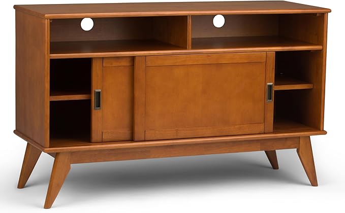 SIMPLIHOME Draper SOLID HARDWOOD 54 Inch Wide Mid Century Modern TV Media Stand in Teak Brown For TVs up to 60 Inches, For the Living Room and Entertainment Center