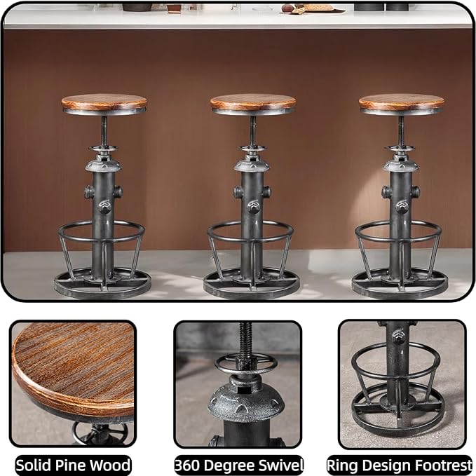 Swivel Bar Stool Industrial Coffee Kitchen Dining Chair Fire Hydrant Design Height Adjustable 24.8-30.7inch Wooden Seat