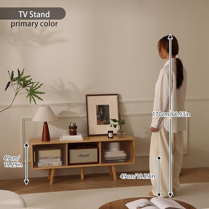 Bamboo TV Stand Entertainment Center- Mid-Century Modern Television Stand for 50 inch TVs, Bamboo Media Console Table, Open Storage Shelves for Living Room, Bedroom and Home Decor