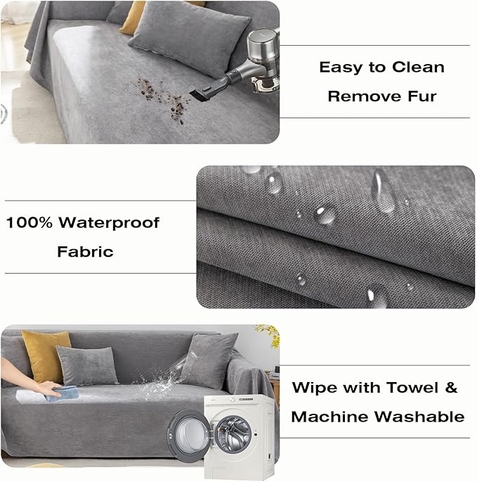 STACYPIK Waterproof Gray Sofa Cover for Pets, Anti-Scratch Cats Couch Cover for 2 Cushion Couch, Anti-Slip Loveseat Covers for Sectional, Washable Sofa Silpcover Pet Furniture Protector-71X118IN