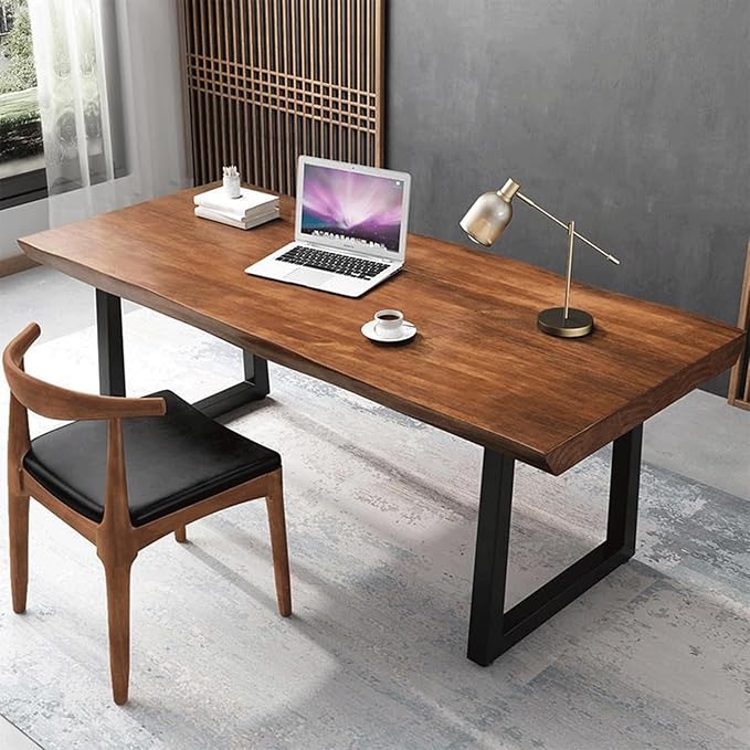 Modern Minimalist Solid Wood Office Desk with Metal Base Easy to Assemble Durable Writing Table Dining Table Computer Desk Multiple Ideal for Living Room and Dining Room (55inch)