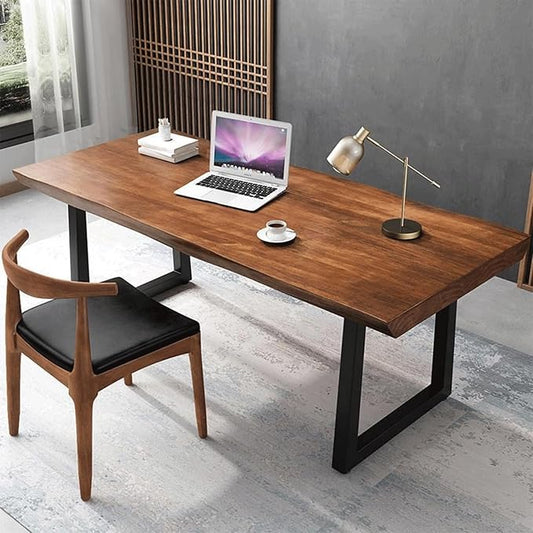 Modern Minimalist Solid Wood Office Desk with Metal Base Easy to Assemble Durable Writing Table Dining Table Computer Desk Multiple Ideal for Living Room and Dining Room (47inch)