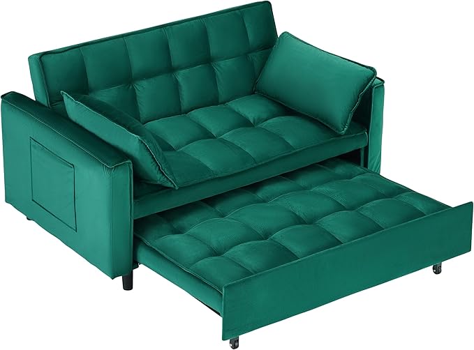 Ball & Cast 55" Convertible Sofa Bed,3 in 1 Sleeper Sofa W/Pull-Out Bed,Convertible Pull Out Couch W/2 Pillows,Adjustable Backrest & Side Pocket,Velvet Futon Couches for Living Room,Apartment,Green
