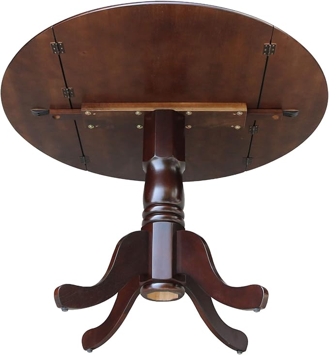 IC International Concepts, 42" Round Dual Drop Leaf Pedestal Dining Table, Solid Real Wood, Sturdy Parawood, Rich Mocha