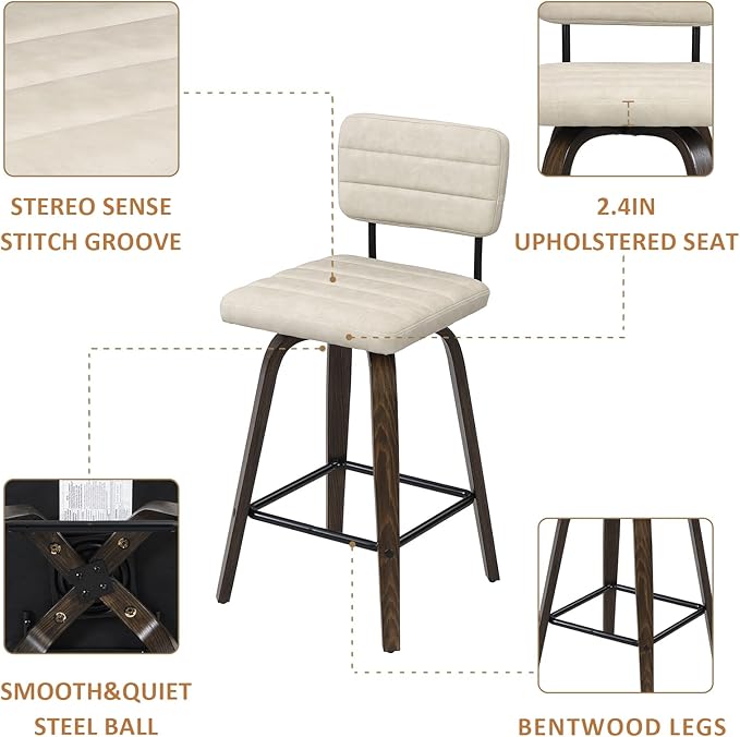Swivel Bar Stools Set of 2, Counter Height, Wooden Frame, PU Leather Cushions, Beige
