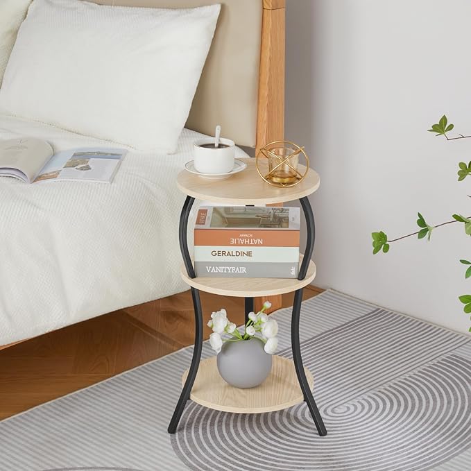 Vintage Small Round Side Table, 3-Tier Slim Waist Circular End Table with Storage Shelf, Compact Tea Sofa Side Table, Round Corner Coffee Table Nightstand for Living Room Bedroom Small Spaces,Oak