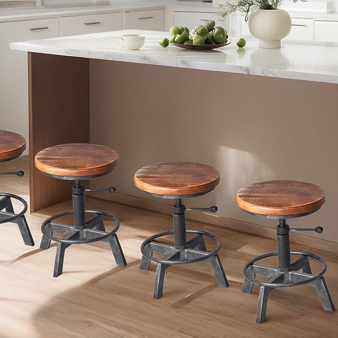 Set of 2-Industrial Bar Stool-Counter Height Chairs- Swivel Wooden Seat- Adjustable 15.2-21"