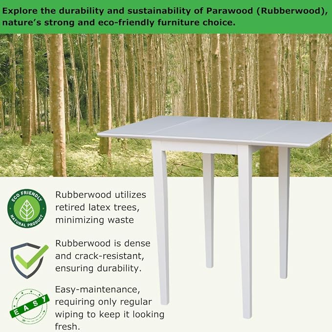IC International Concepts, Solid Wood Small Drop Leaf Dining Table, Solid Real Wood, Sturdy Parawood, White