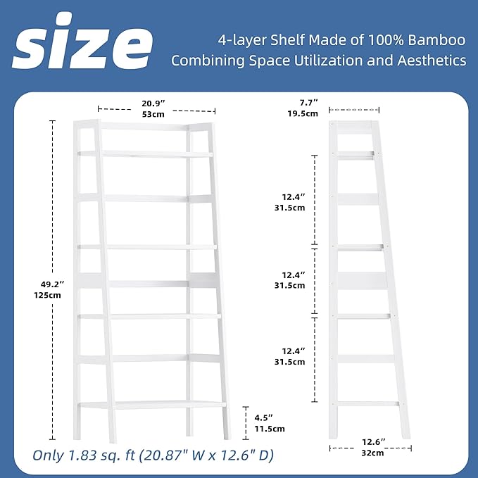 HITNET White Ladder Bookshelf, Leaning Bookcase, 4-Tier Bamboo Shelf, Floor Standing Storage Shelving Unit, Open Display Book Shelves