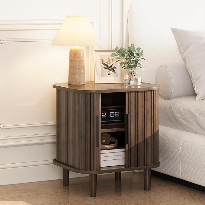 Fluted End Table with Sliding Tambour Door, Mid-Century Modern Bedside Table with Storage, Small Nightstand for Bedroom Living Room Side Table